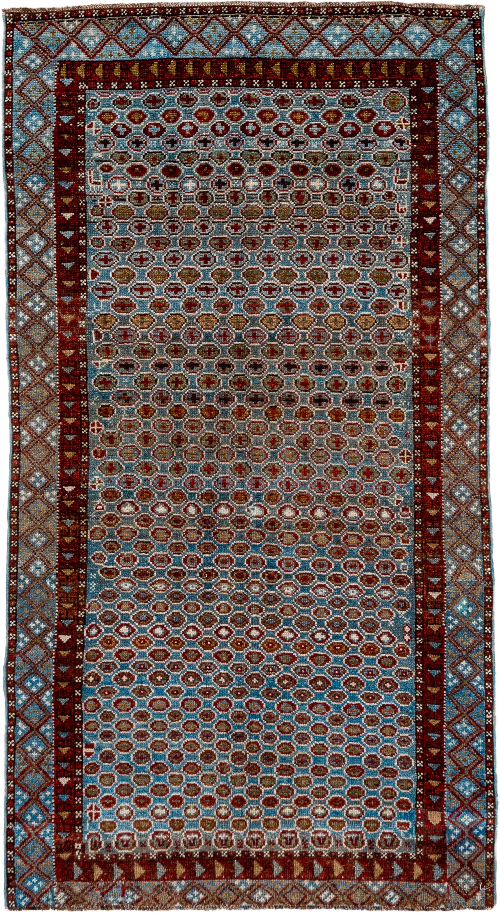 3' x 6' one-of-a-kind handmade vintage Malayer small size rug. Color palette: light blue, rust, ivory, brown, brick red