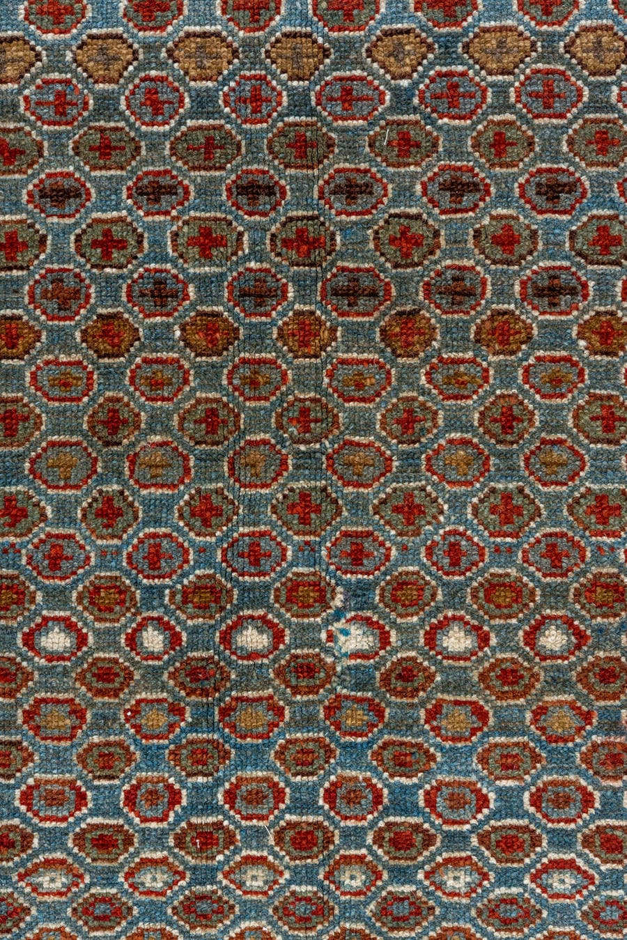 3' x 6' one-of-a-kind handmade vintage Malayer small size rug. Color palette: light blue, rust, ivory, brown, brick red