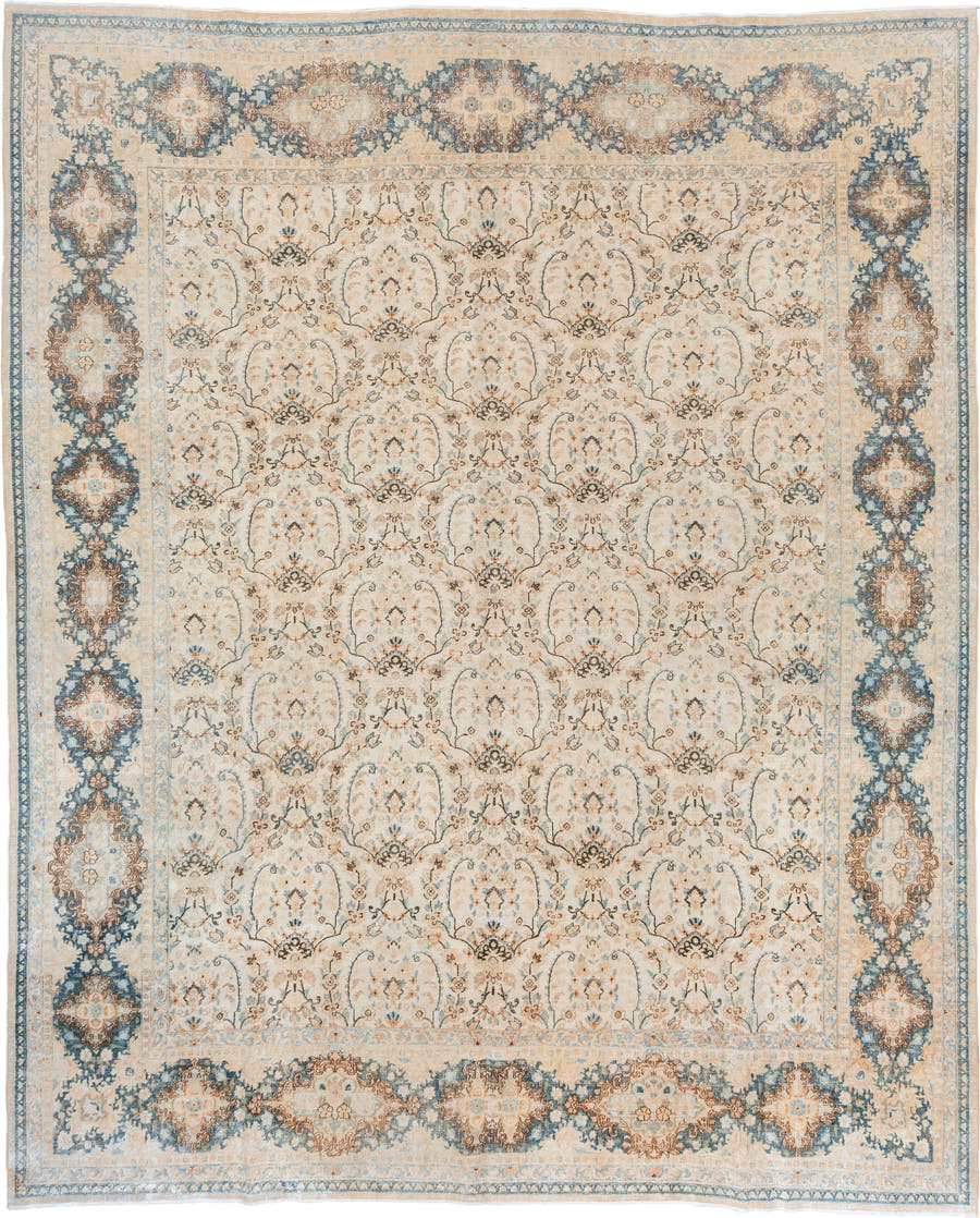 10' x 12' one-of-a-kind handmade vintage Kerman large size rug. Color palette: ivory, powder blue, camel, taupe, beige