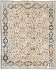 10' x 12' one-of-a-kind handmade vintage Kerman large size rug. Color palette: ivory, powder blue, camel, taupe, beige