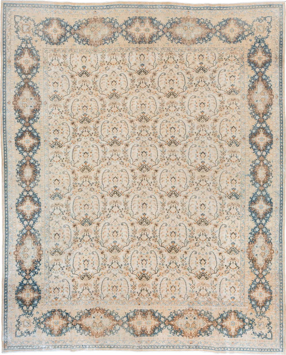 10' x 12' one-of-a-kind handmade vintage Kerman large size rug. Color palette: ivory, powder blue, camel, taupe, beige