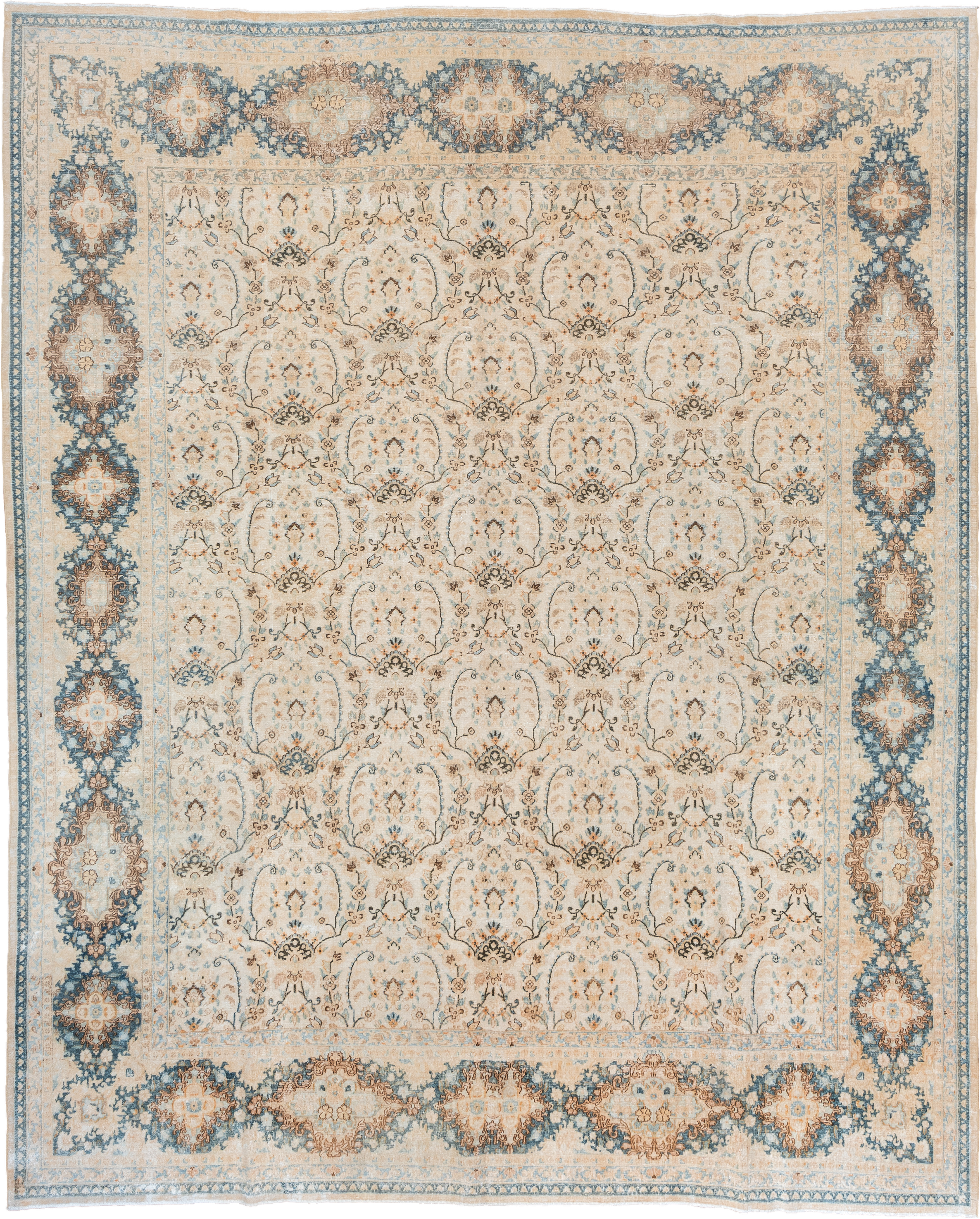 10' x 12' one-of-a-kind handmade vintage Kerman large size rug. Color palette: ivory, powder blue, camel, taupe, beige