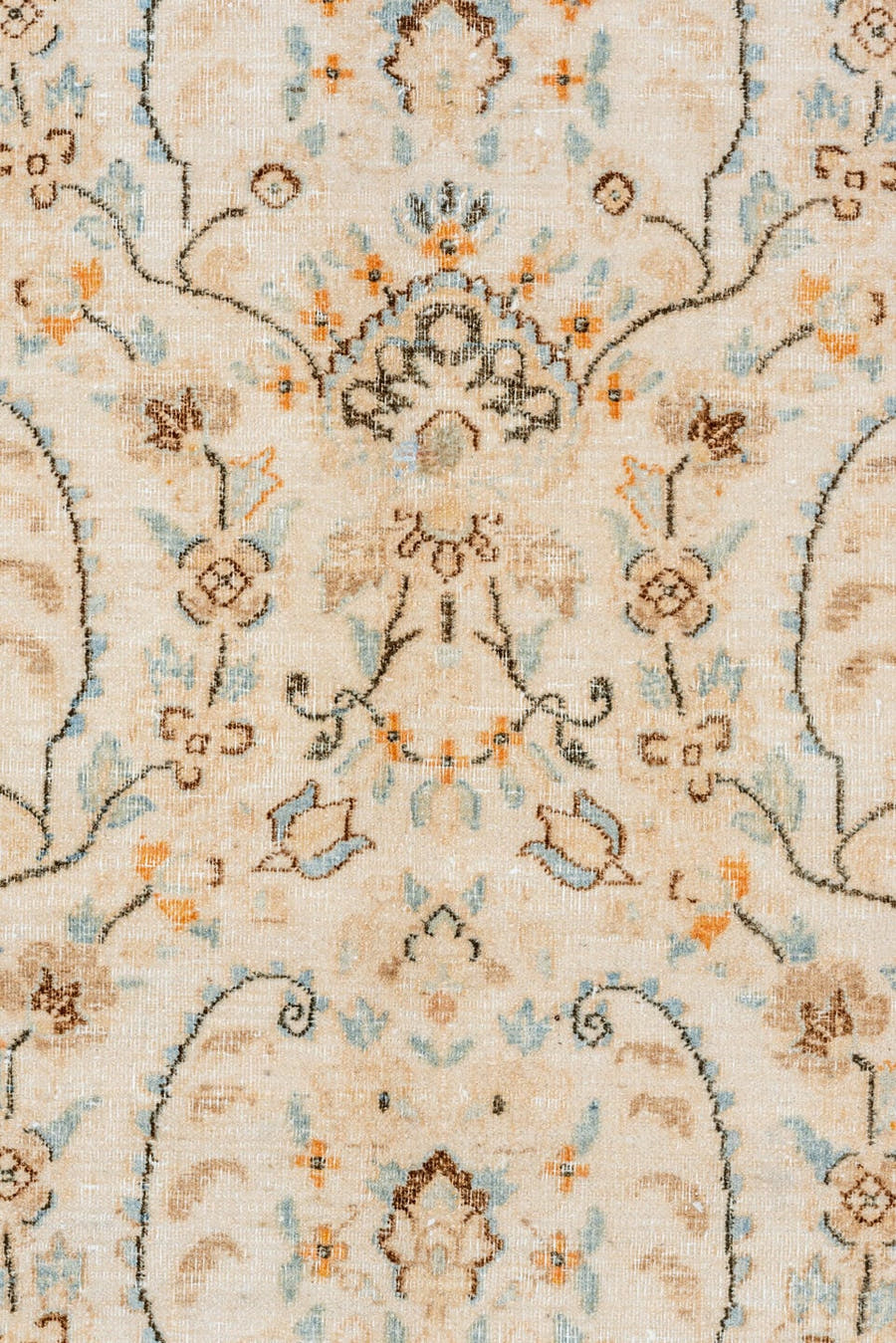 10' x 12' one-of-a-kind handmade vintage Kerman large size rug. Color palette: ivory, powder blue, camel, taupe, beige