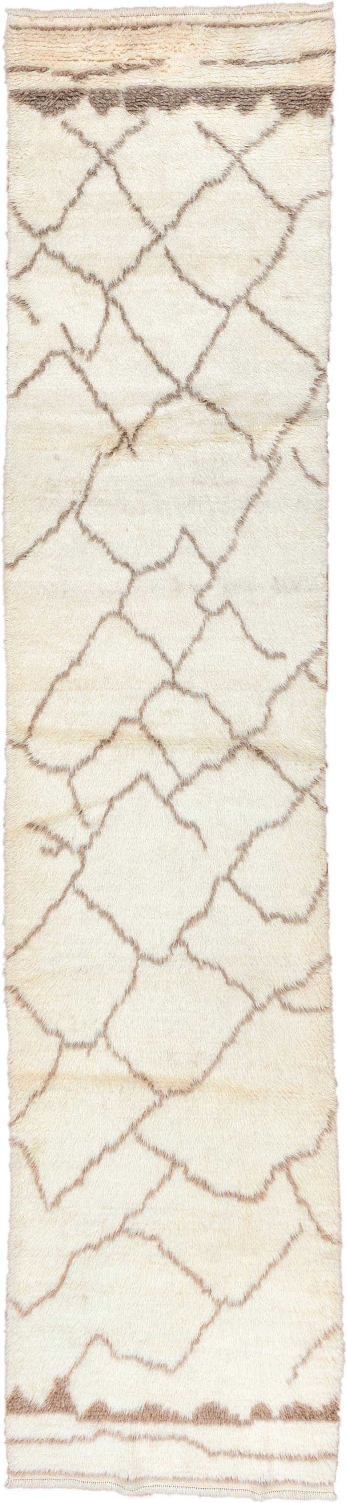 2' x 12' one-of-a-kind handmade vintage Moroccan runner rug. Color palette: ivory, taupe, cream, camel, beige, gray
