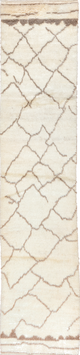 2' x 12' one-of-a-kind handmade vintage Moroccan runner rug. Color palette: antiquewhite, beige, brown, gray, ivory
