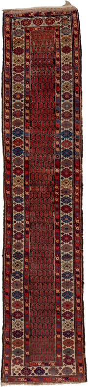 2' x 13' one-of-a-kind handmade vintage Malayer runner rug. Color palette: rust, ivory, navy, crimson, camel, charcoal