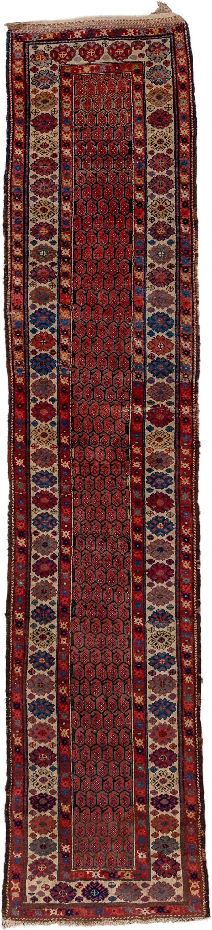 2' x 13' one-of-a-kind handmade vintage Malayer runner rug. Color palette: rust, ivory, navy, crimson, camel, charcoal