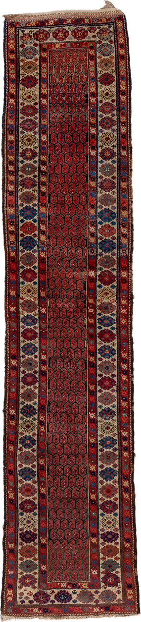 2' x 13' one-of-a-kind handmade vintage Malayer runner rug. Color palette: rust, ivory, navy, crimson, camel, charcoal
