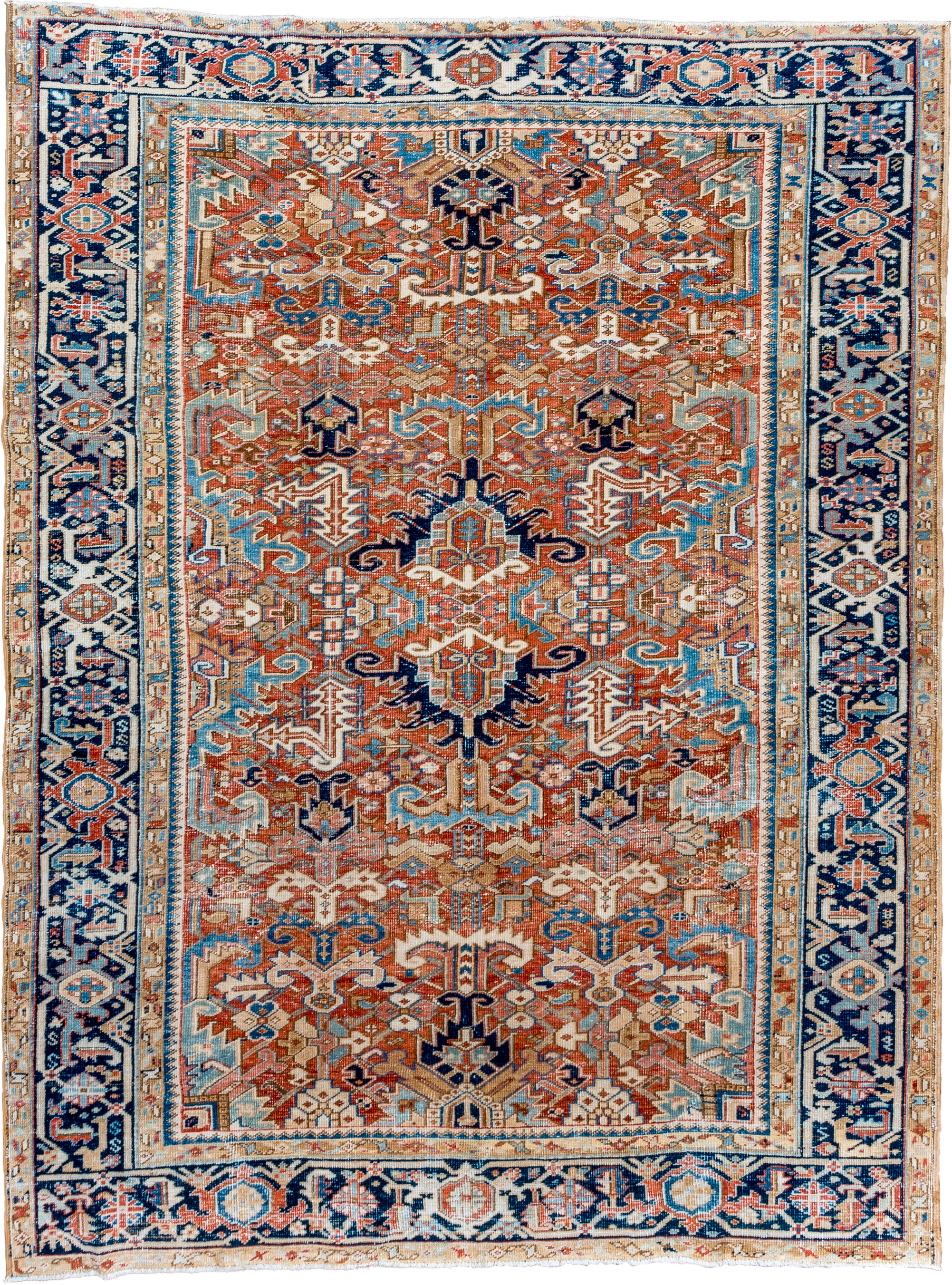7' x 10' one-of-a-kind handmade vintage Heriz large size rug. Color palette: terra cotta, navy, ivory, sky blue, camel, rust