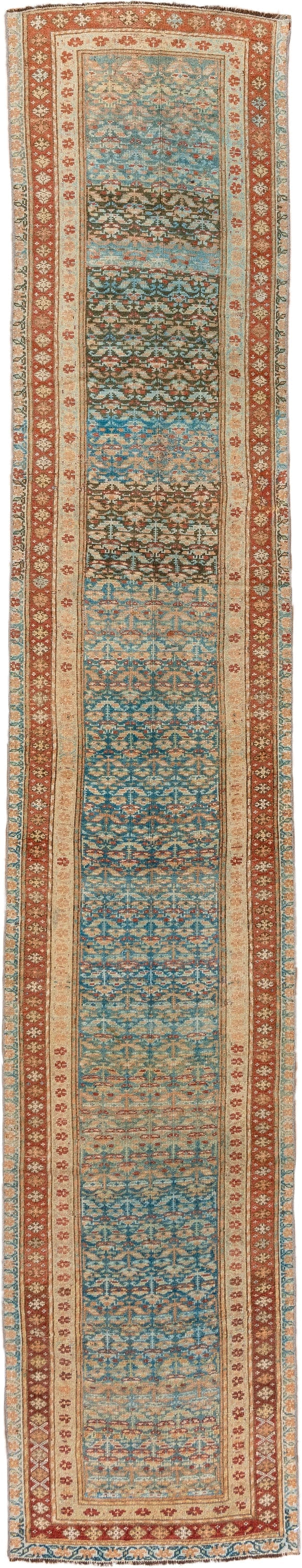 2' x 14' one-of-a-kind handmade vintage Malayer runner rug. Color palette: sky blue, ivory, rust, camel, brown, teal