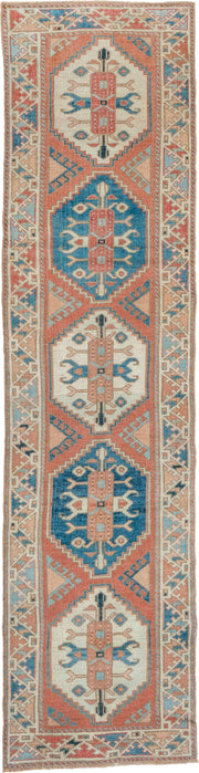 2' x 9' one-of-a-kind handmade vintage Oushak runner rug. Color palette: coral, ivory, sky_blue, beige, taupe, slate, camel