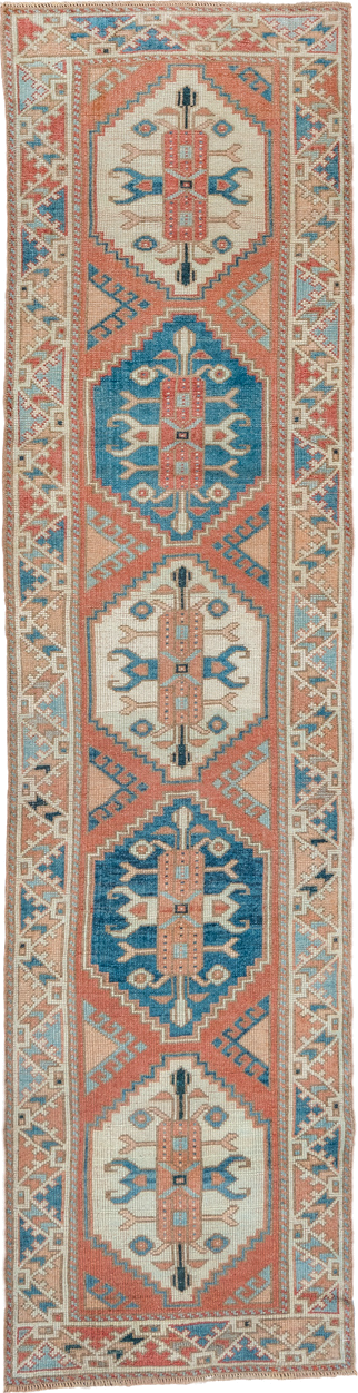 2' x 9' one-of-a-kind handmade vintage Oushak runner rug. Color palette: coral, ivory, sky_blue, beige, taupe, slate, camel