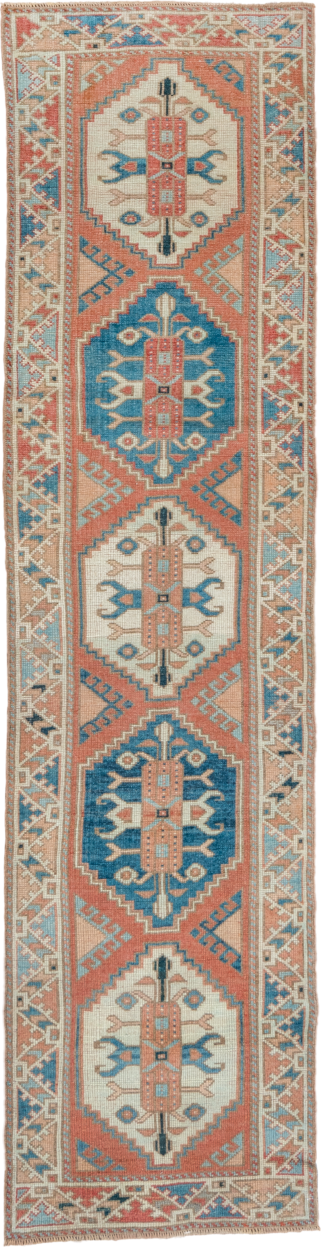 2' x 9' one-of-a-kind handmade vintage Oushak runner rug. Color palette: coral, ivory, sky_blue, beige, taupe, slate, camel