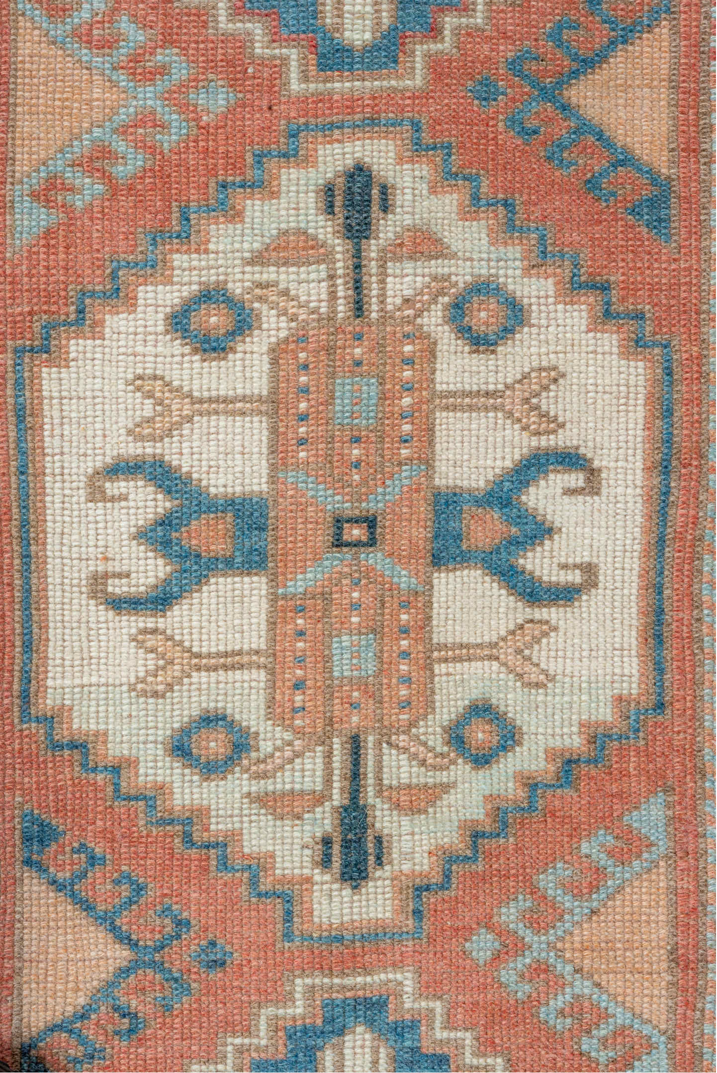 2' x 9' one-of-a-kind handmade vintage Oushak runner rug. Color palette: coral, ivory, sky_blue, beige, taupe, slate, camel