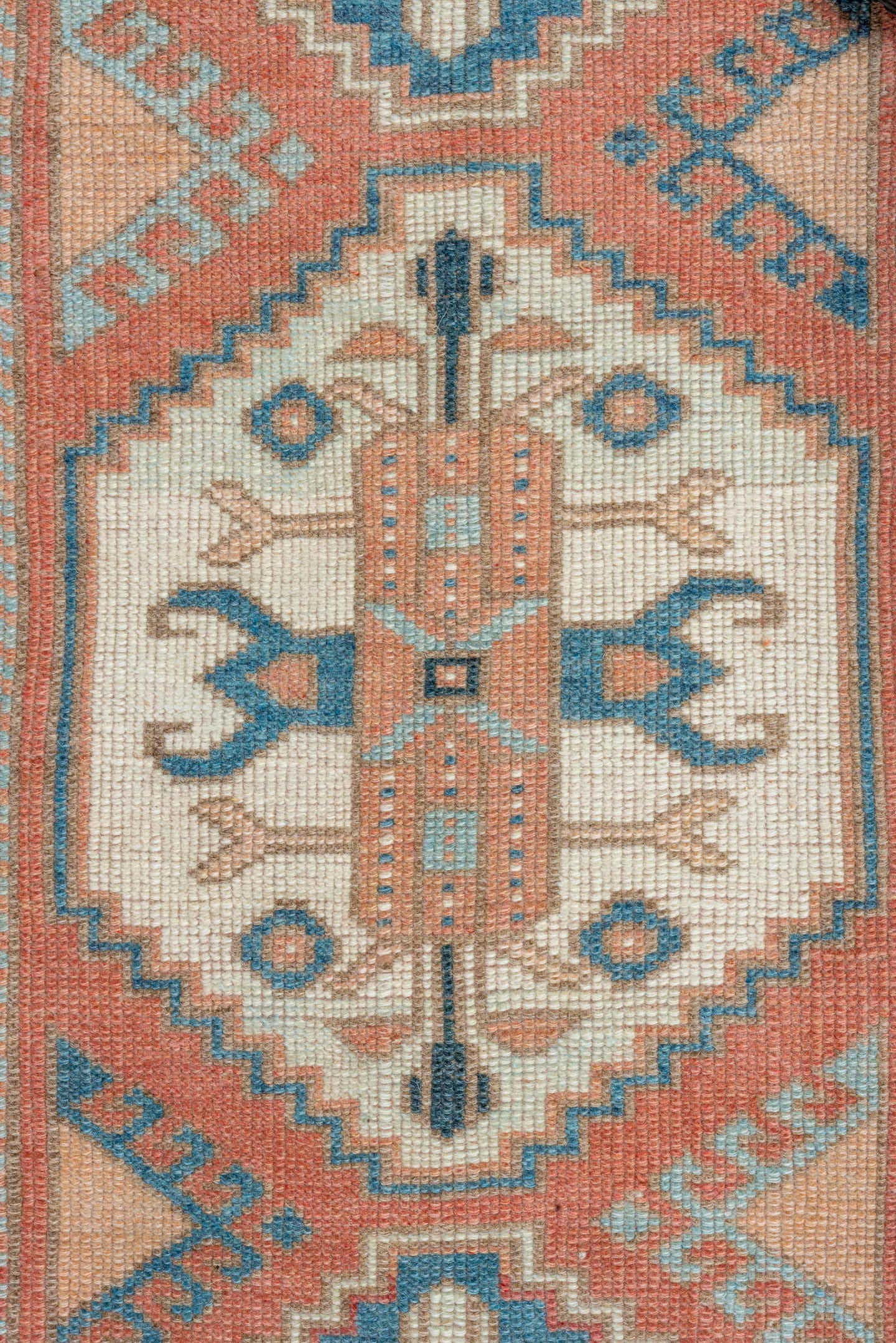 2' x 9' one-of-a-kind handmade vintage Oushak runner rug. Color palette: coral, ivory, sky_blue, beige, taupe, slate, camel