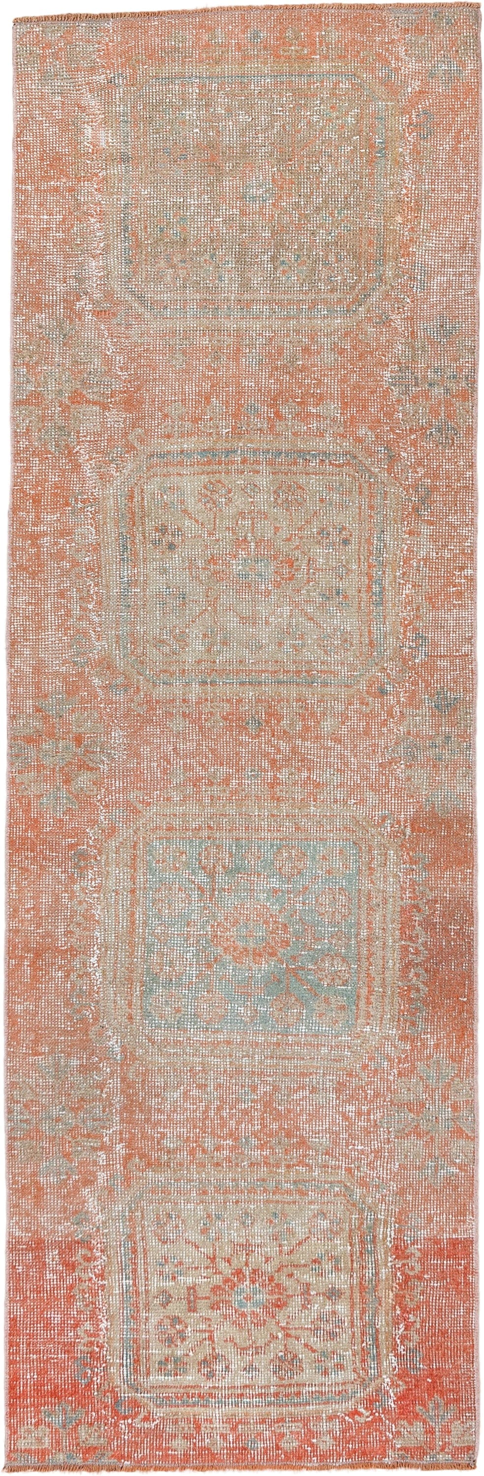 2' x 7' one-of-a-kind handmade vintage Oushak runner rug. Color palette: coral, ivory, pale aqua, peach, beige, sage