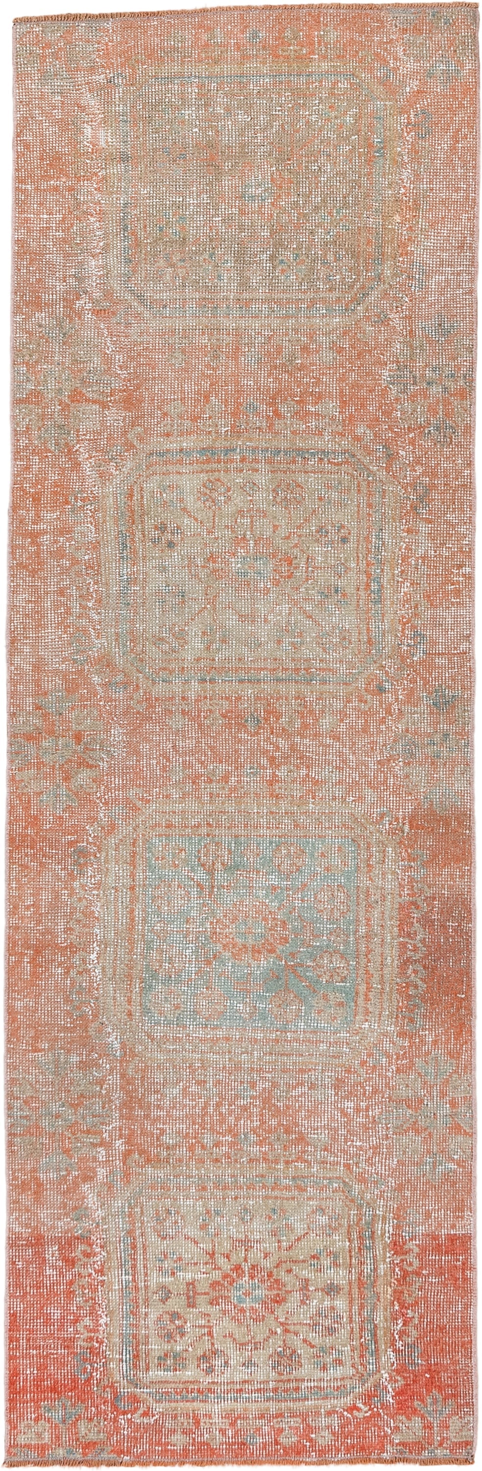 2' x 7' one-of-a-kind handmade vintage Oushak runner rug. Color palette: coral, ivory, pale aqua, peach, beige, sage