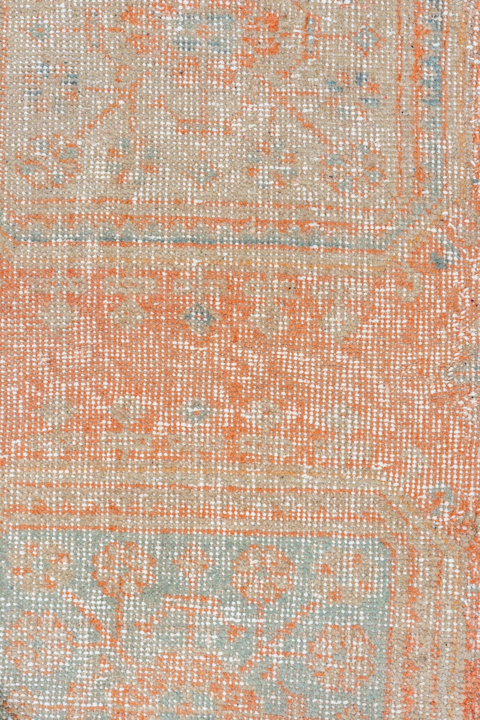 2' x 7' one-of-a-kind handmade vintage Oushak runner rug. Color palette: coral, ivory, pale aqua, peach, beige, sage