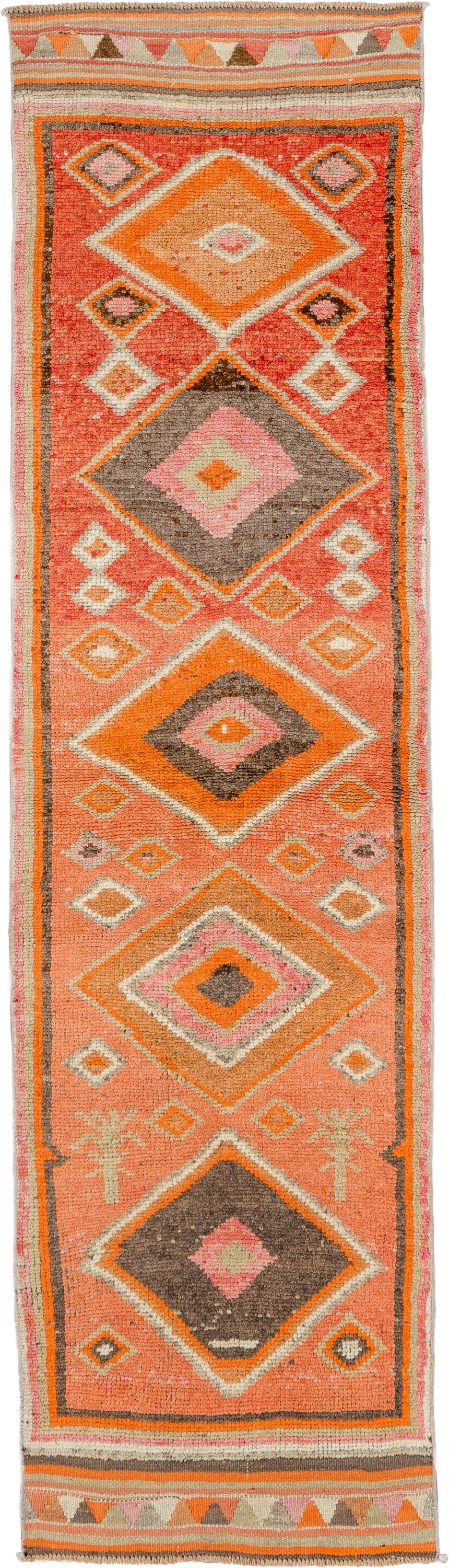 2' x 10' one-of-a-kind handmade vintage Oushak runner rug. Color palette: coral, orange, ivory, taupe, brown, blush, camel