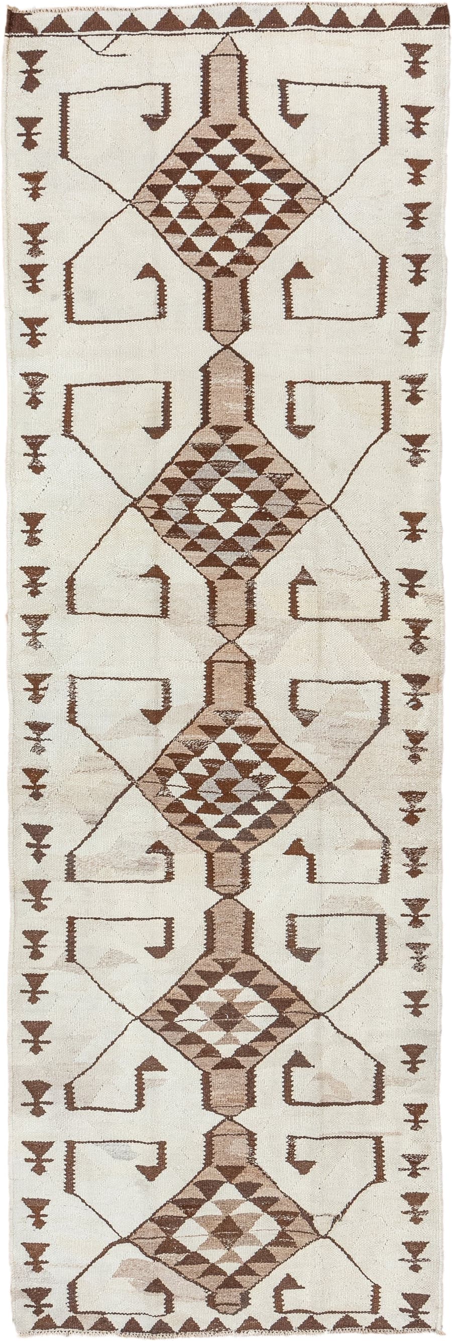 3' x 10' one-of-a-kind handmade vintage Kilim runner rug. Color palette: ivory, brown, taupe, camel, beige, gray