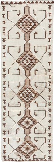 3' x 10' one-of-a-kind handmade vintage Kilim runner rug. Color palette: ivory, brown, taupe, camel, beige, gray