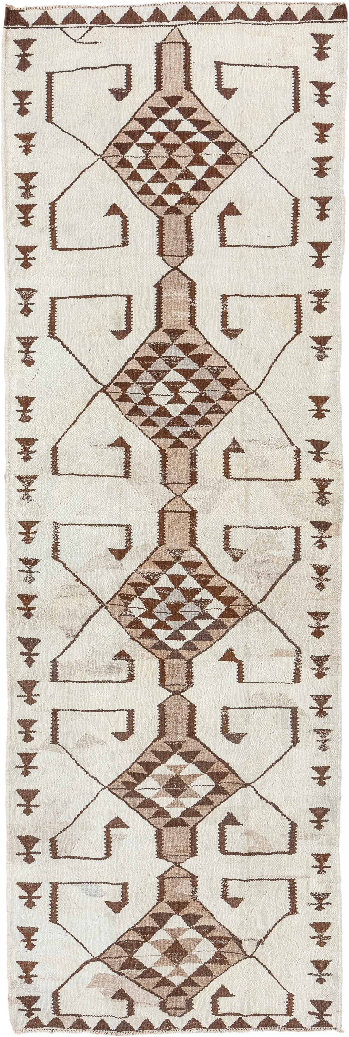 3' x 10' one-of-a-kind handmade vintage Kilim runner rug. Color palette: ivory, brown, taupe, camel, beige, gray