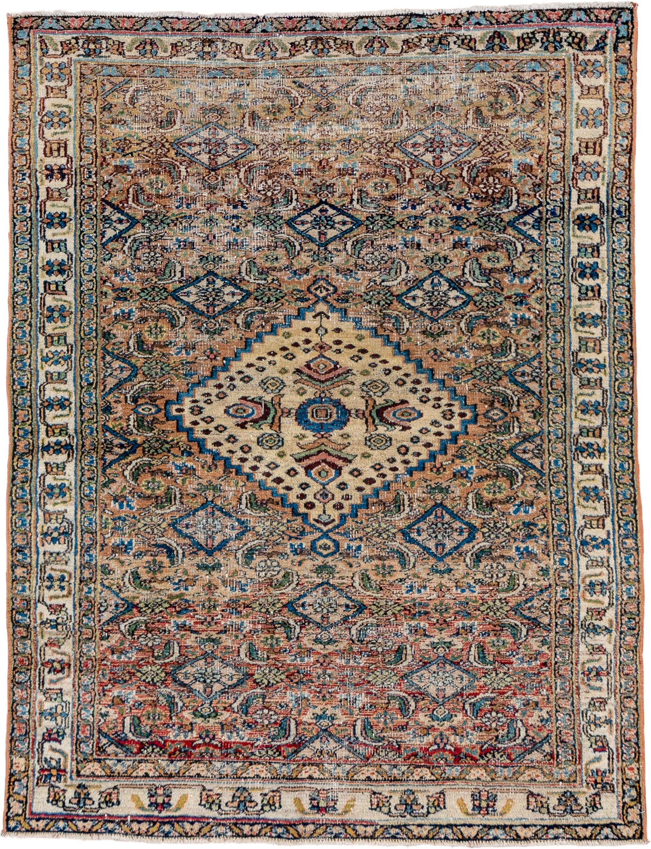 3' x 4' one-of-a-kind handmade vintage Khorassan small size rug. Color palette: ivory, camel, sky_blue, navy, rust, sage