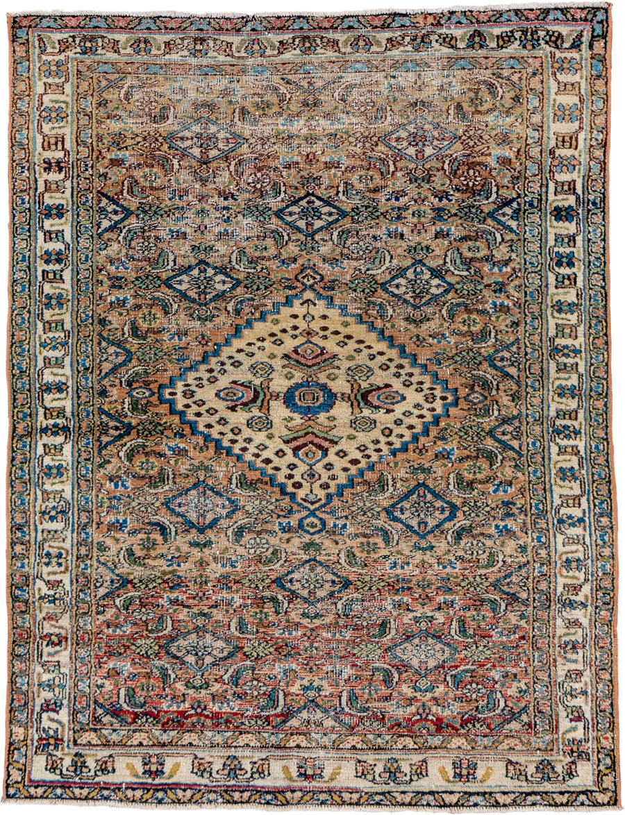 3' x 4' one-of-a-kind handmade vintage Khorassan small size rug. Color palette: ivory, camel, sky_blue, navy, rust, sage