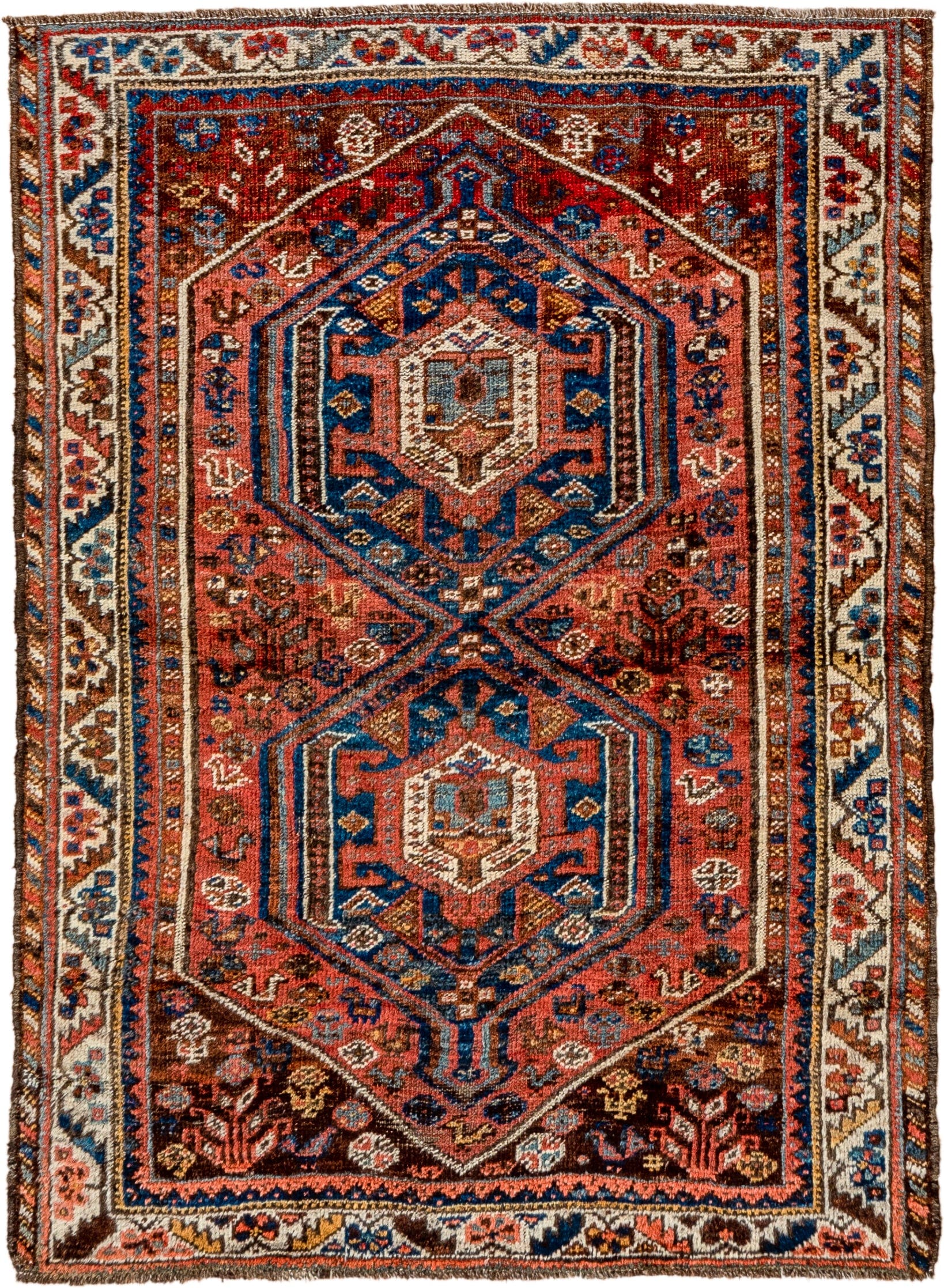 3' x 4' one-of-a-kind handmade vintage Shiraz small size rug. Color palette: rust, ivory, navy, brown, sky_blue, coral