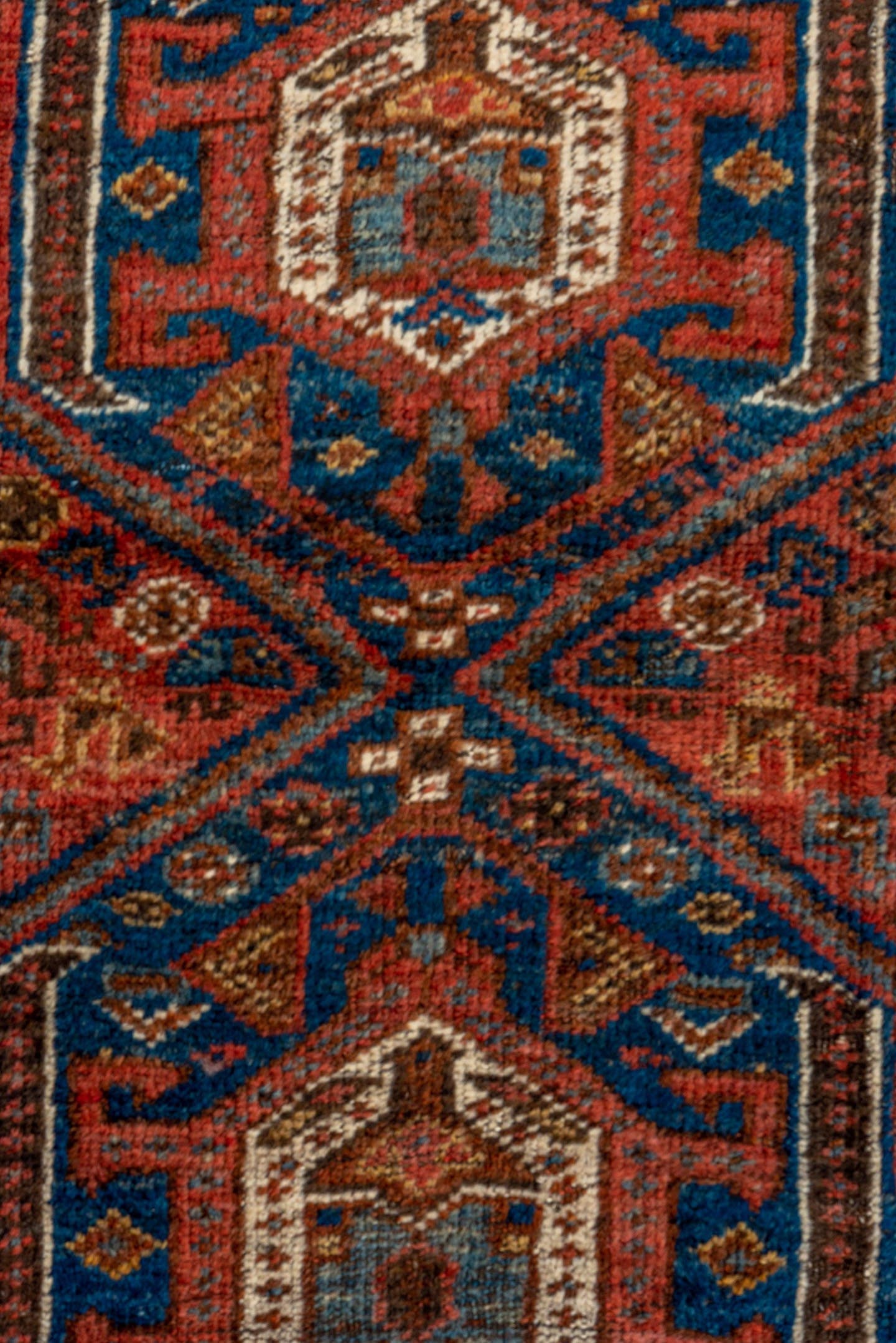 3' x 4' one-of-a-kind handmade vintage Shiraz small size rug. Color palette: rust, ivory, navy, brown, sky_blue, coral