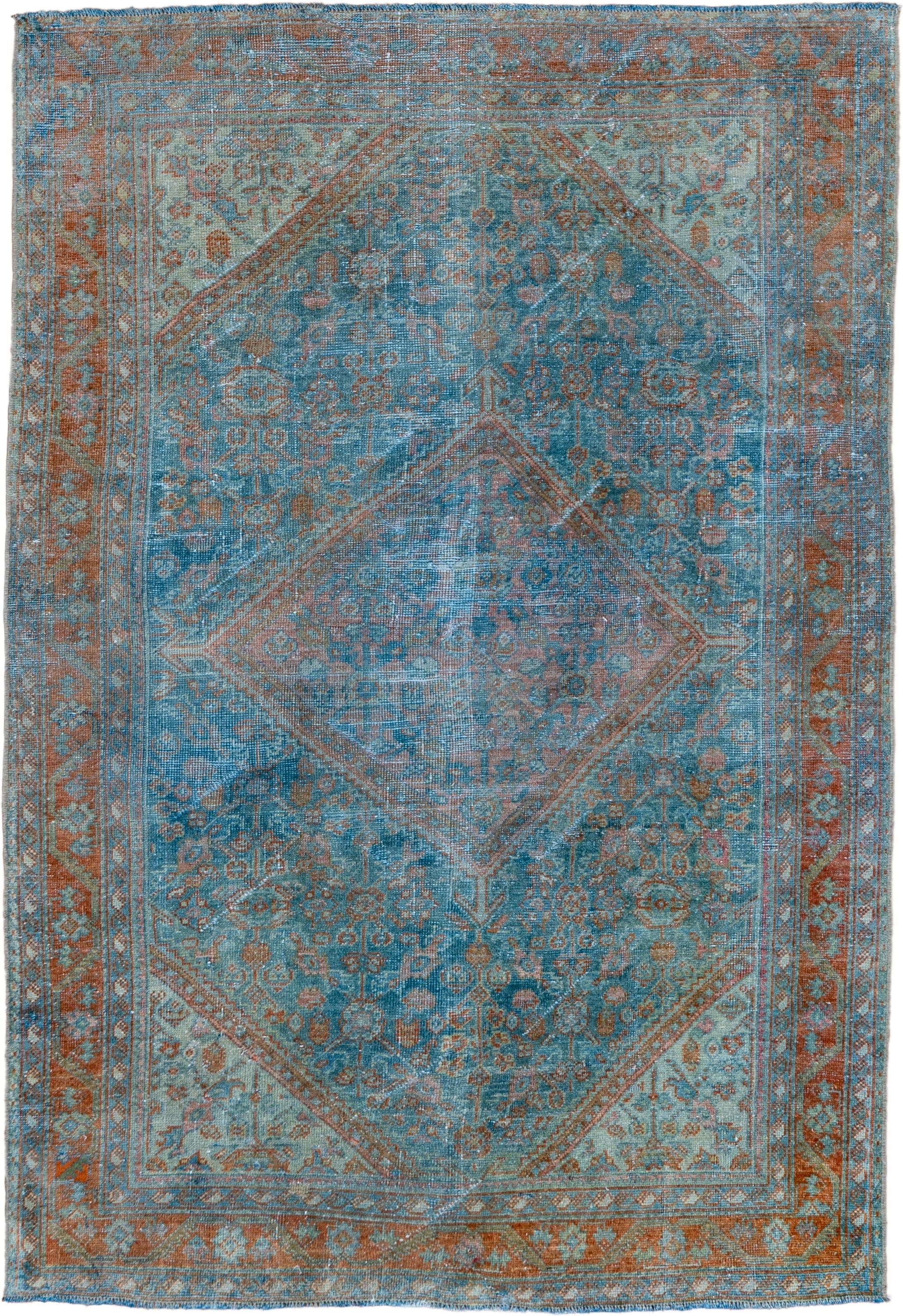 4' x 6' one-of-a-kind handmade vintage Mahal small size rug. Color palette: turquoise, rust, ivory, sky blue, terra cotta