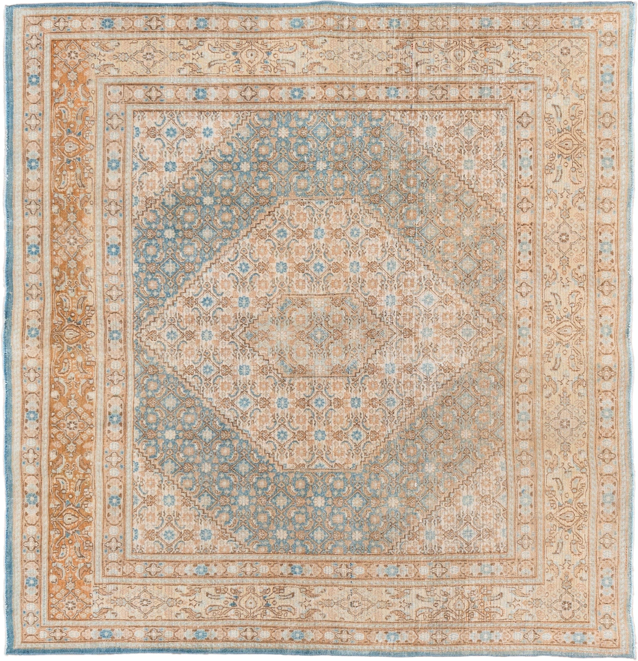 6' x 6' one-of-a-kind handmade vintage Meshed rug. Color palette: ivory, sky blue, sand, camel, taupe, light brown