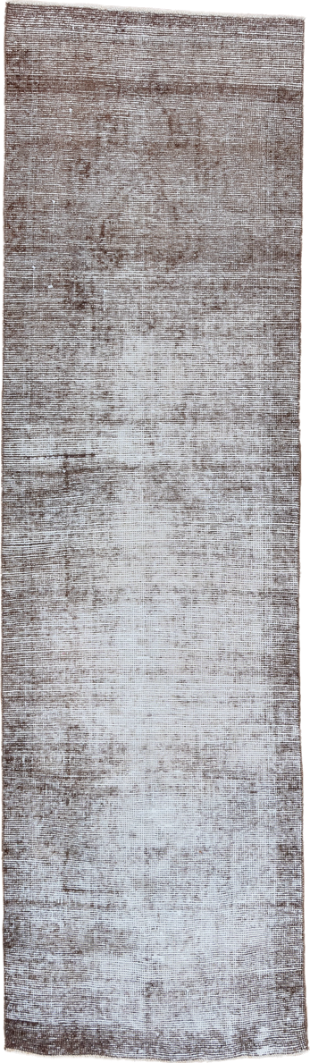 3' x 10' one-of-a-kind handmade vintage Overdyed runner rug. Color palette: taupe, ivory, brown, beige, gray
