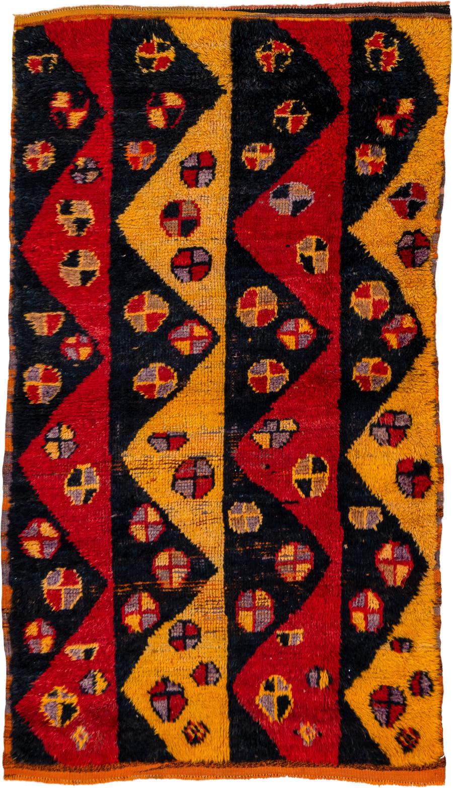 3' x 6' one-of-a-kind handmade vintage Tulu small size rug. Color palette: gold, black, crimson, rust, taupe, plum, red