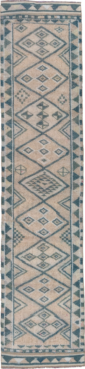 2' x 12' one-of-a-kind handmade vintage Oushak runner rug. Color palette: ivory, sky blue, slate, taupe, light blue, gray