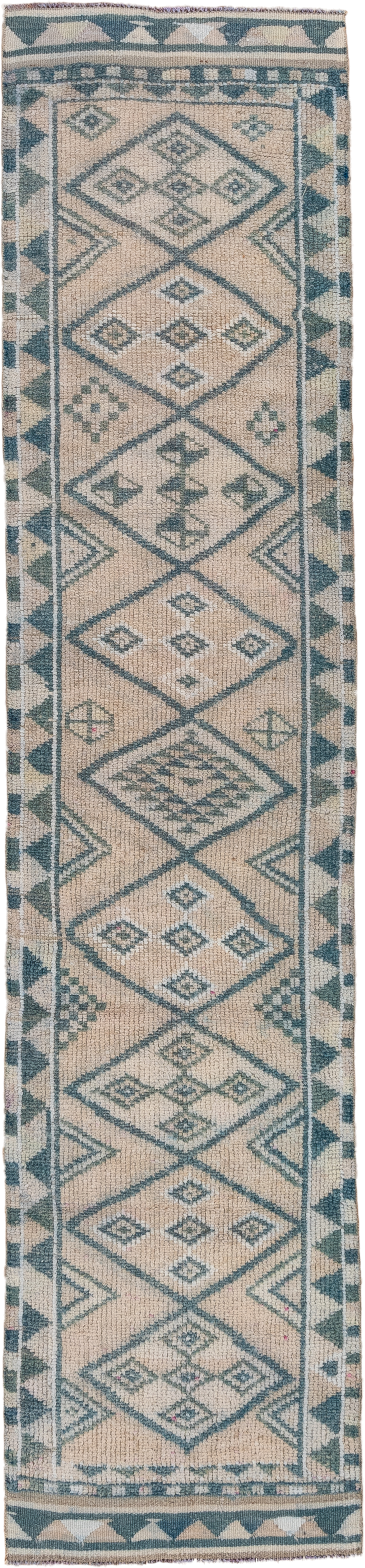 2' x 12' one-of-a-kind handmade vintage Oushak runner rug. Color palette: ivory, sky blue, slate, taupe, light blue, gray
