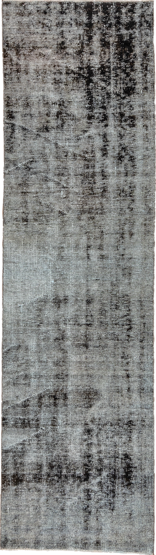2' x 9' one-of-a-kind handmade vintage Overdyed runner rug. Color palette: black, dark gray, dim gray, gray, light gray