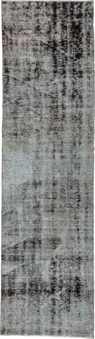 2' x 9' one-of-a-kind handmade vintage Overdyed runner rug. Color palette: silver, charcoal, gray, ivory, black