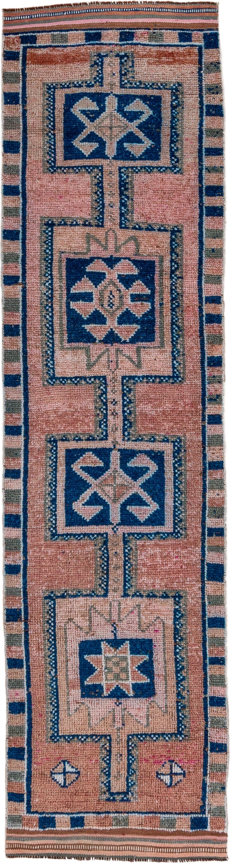 2' x 11' one-of-a-kind handmade vintage Kars runner rug. Color palette: rose, indigo, ivory, taupe, camel, brown, pink, red