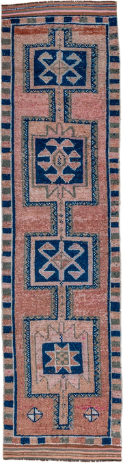 2' x 11' one-of-a-kind handmade vintage Kars runner rug. Color palette: rose, indigo, ivory, taupe, camel, brown, pink, red