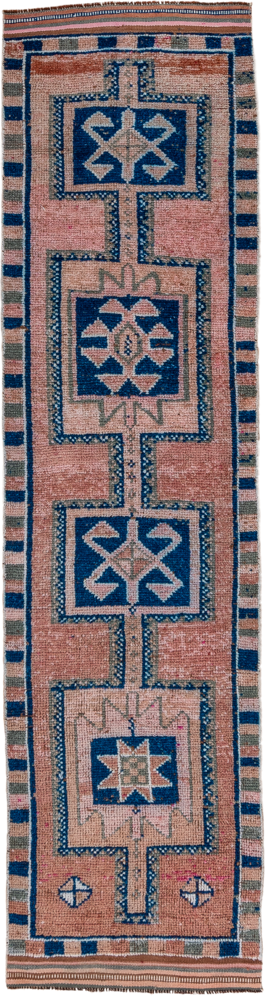 2' x 11' one-of-a-kind handmade vintage Kars runner rug. Color palette: rose, indigo, ivory, taupe, camel, brown, pink, red