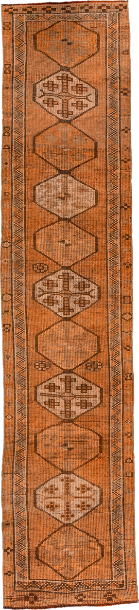 2' x 12' one-of-a-kind handmade vintage Oushak runner rug. Color palette: terra cotta, rust, camel, ivory, brown, terracotta
