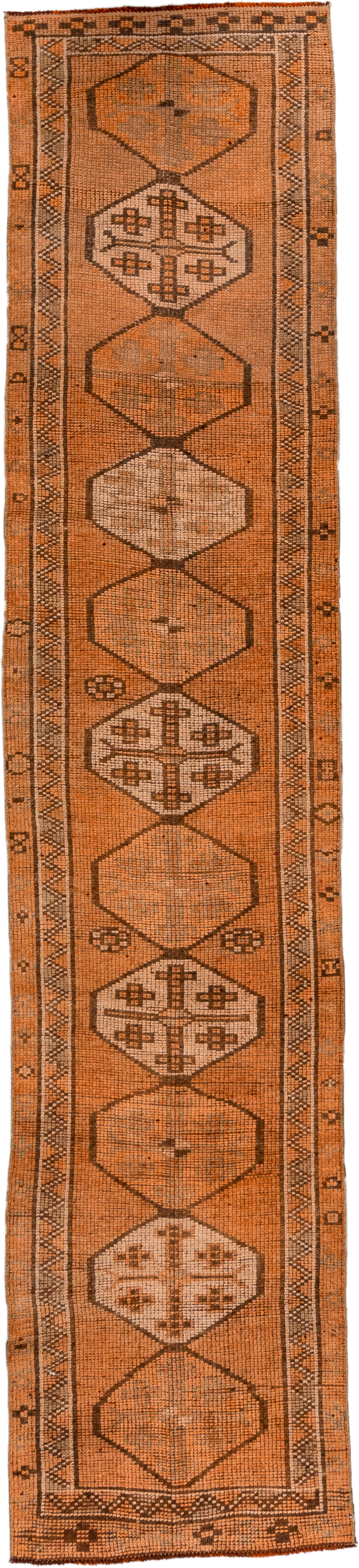 2' x 12' one-of-a-kind handmade vintage Oushak runner rug. Color palette: terra cotta, rust, camel, ivory, brown, terracotta