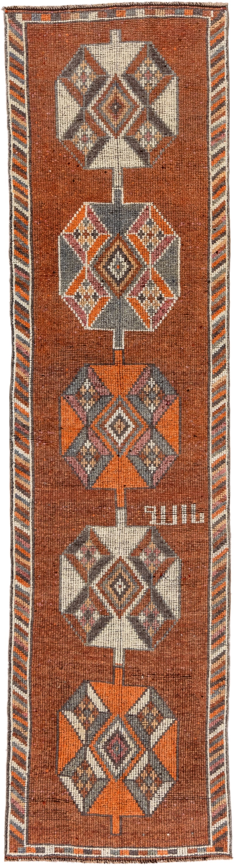 2' x 11' one-of-a-kind handmade vintage Oushak runner rug. Color palette: rust, orange, ivory, gray, charcoal, taupe