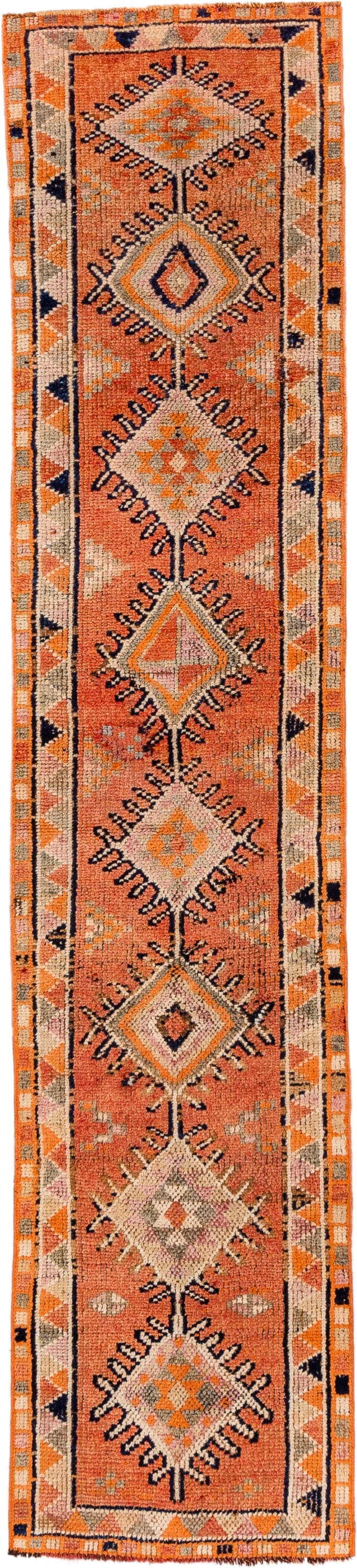 2' x 11' one-of-a-kind handmade vintage Oushak runner rug. Color palette: coral, ivory, orange, navy, taupe, camel, charcoal