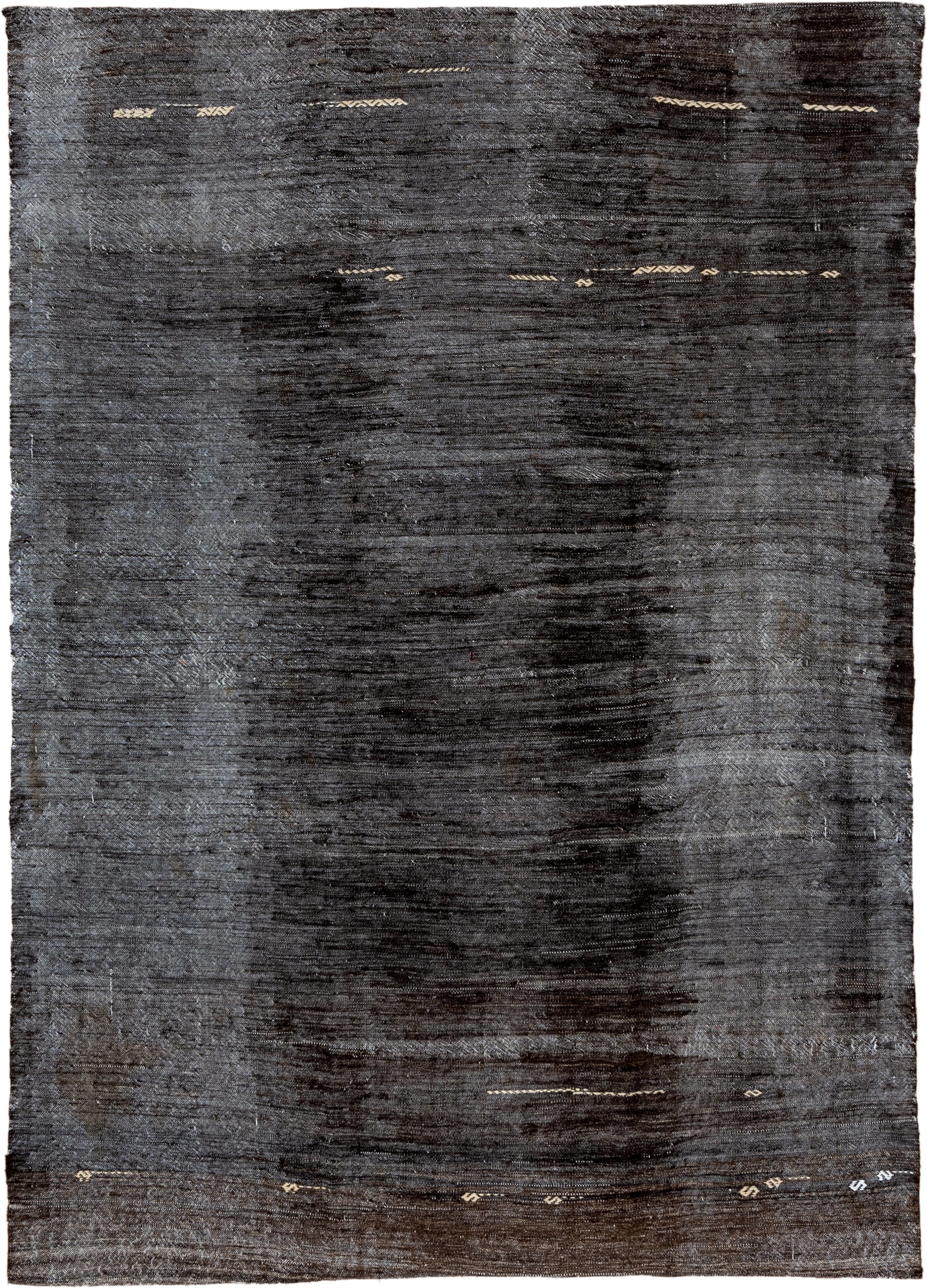 6' x 9' one-of-a-kind handmade vintage Kilim medium size rug. Color palette: charcoal, slate, ivory, taupe, ebony, gray