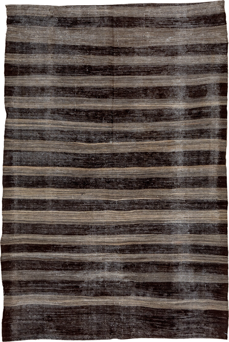 5' x 8' one-of-a-kind handmade vintage Kilim medium size rug. Color palette: charcoal, taupe, brown, gray, ivory, black