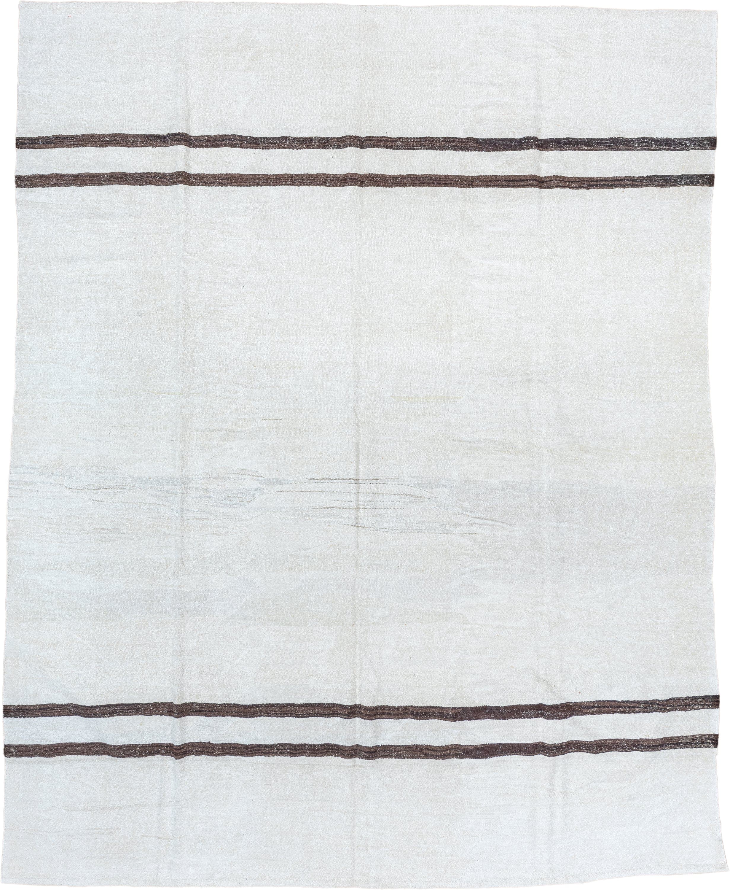 9' x 11' one-of-a-kind handmade vintage Kilim large size rug. Color palette: ivory, brown, taupe, beige, gray
