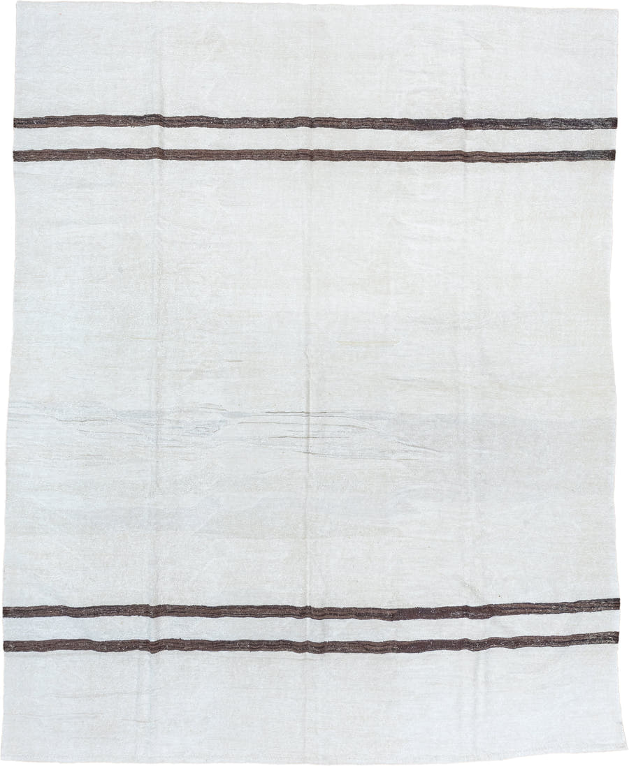 9' x 11' one-of-a-kind handmade vintage Kilim large size rug. Color palette: ivory, brown, taupe, beige, gray