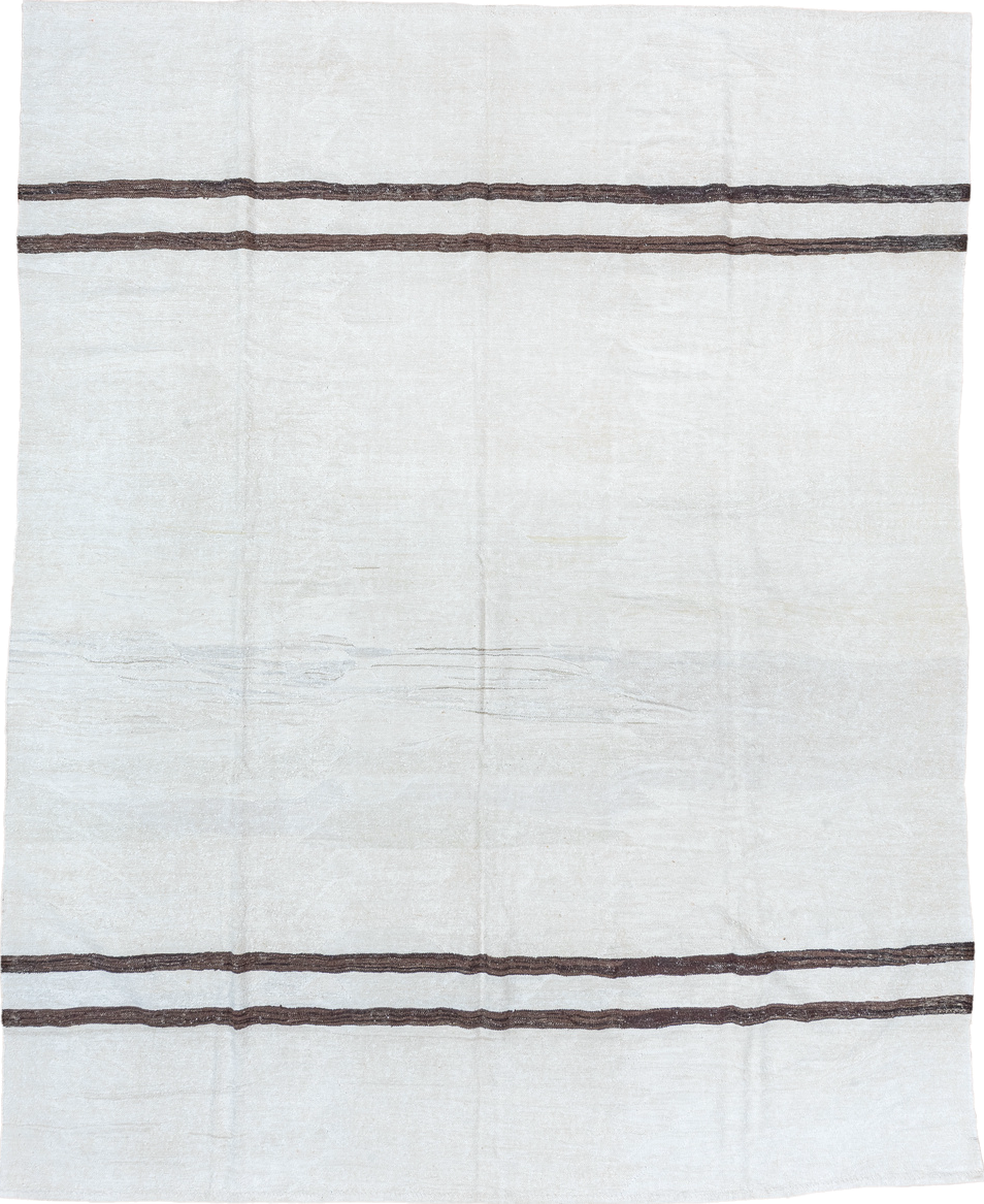 9' x 11' one-of-a-kind handmade vintage Kilim large size rug. Color palette: ivory, brown, taupe, beige, gray